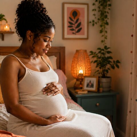 A pregnant woman sits on the edge of her bed, hands resting on her belly.
