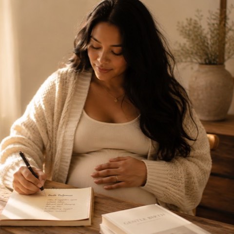 A pregnant woman in cream looking out a sunlit window.