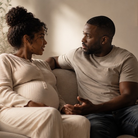 A pregnant woman and her partner sit close together on a cream sofa, turned toward each other mid-conversation.